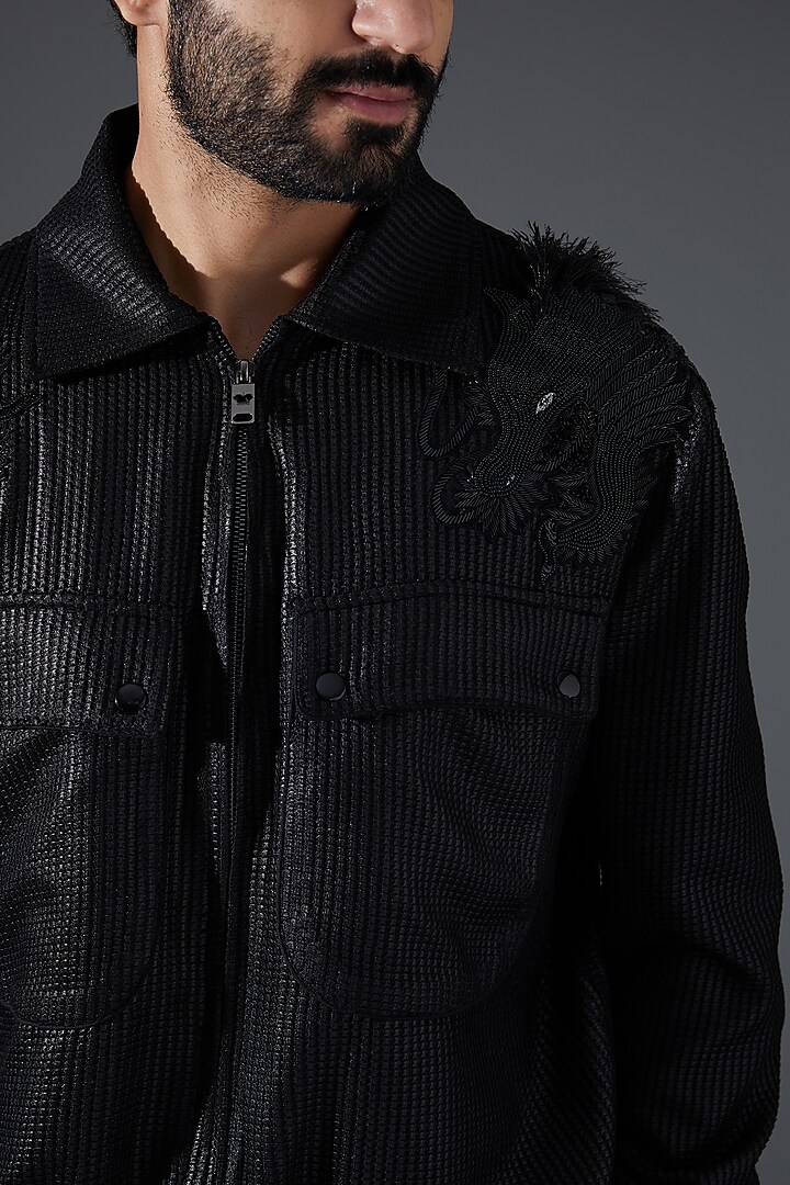 Black Jacquard Embroidered Jacket by Kanishk Mehta Designs at Pernia's Pop Up Shop