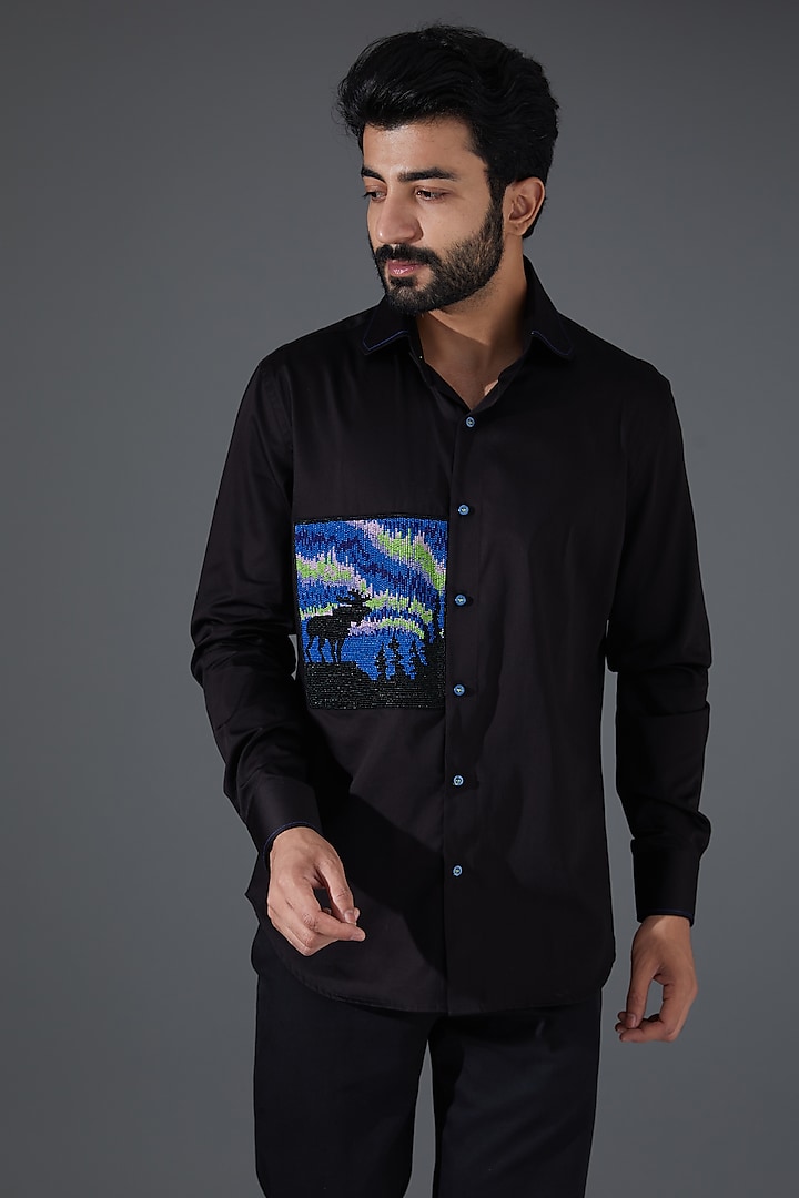 Black Giza Cotton Embellished Shirt by Kanishk Mehta Designs