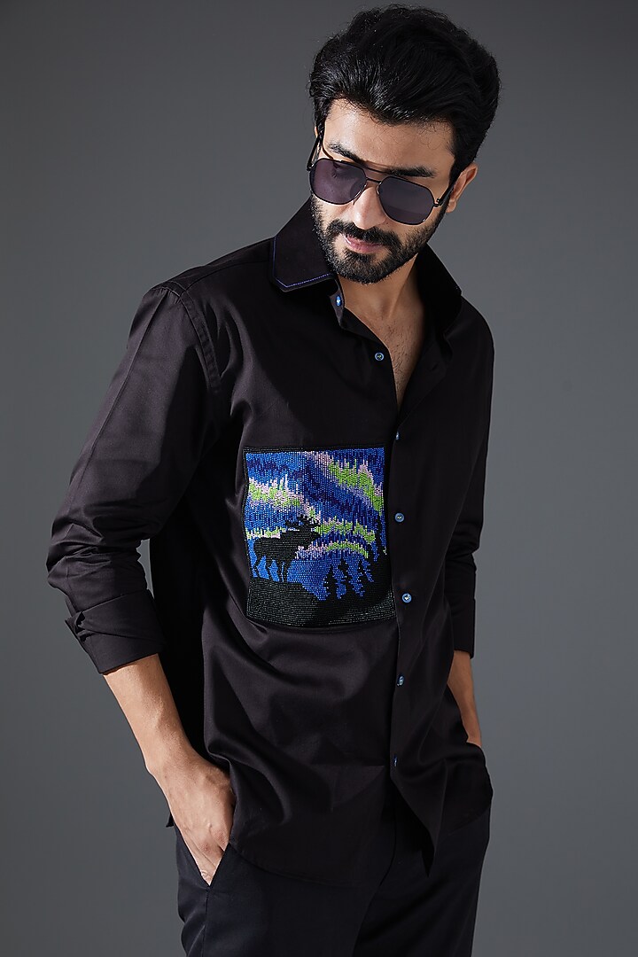 Black Giza Cotton Embellished Party Wear Shirt by Kanishk Mehta Designs at Pernia's Pop Up Shop