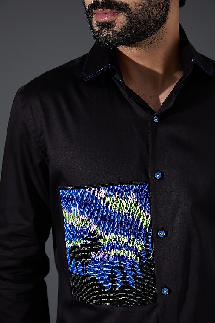 Black Giza Cotton Embellished Party Wear Shirt by Kanishk Mehta Designs at Pernia's Pop Up Shop