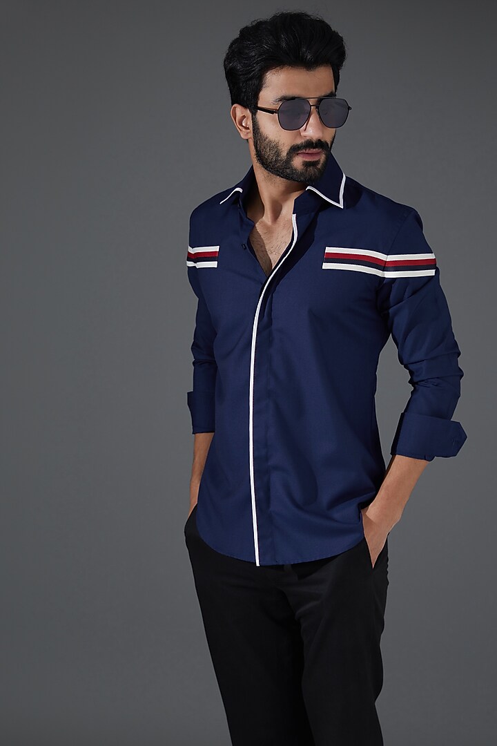Navy Blue Cotton Party Wear Shirt by Kanishk Mehta Designs at Pernia's Pop Up Shop