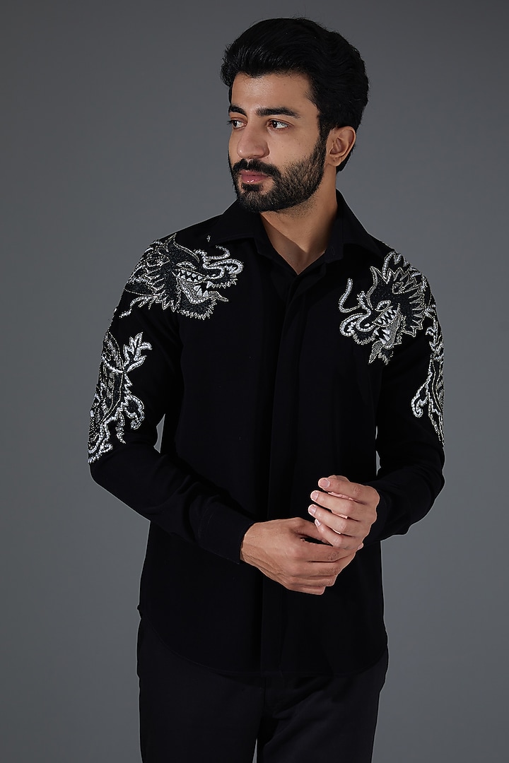 Black Japanese Silk Embroidered Shirt by Kanishk Mehta Designs