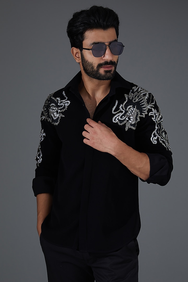 Black Japanese Silk Embroidered Wedding Shirt by Kanishk Mehta Designs at Pernia's Pop Up Shop