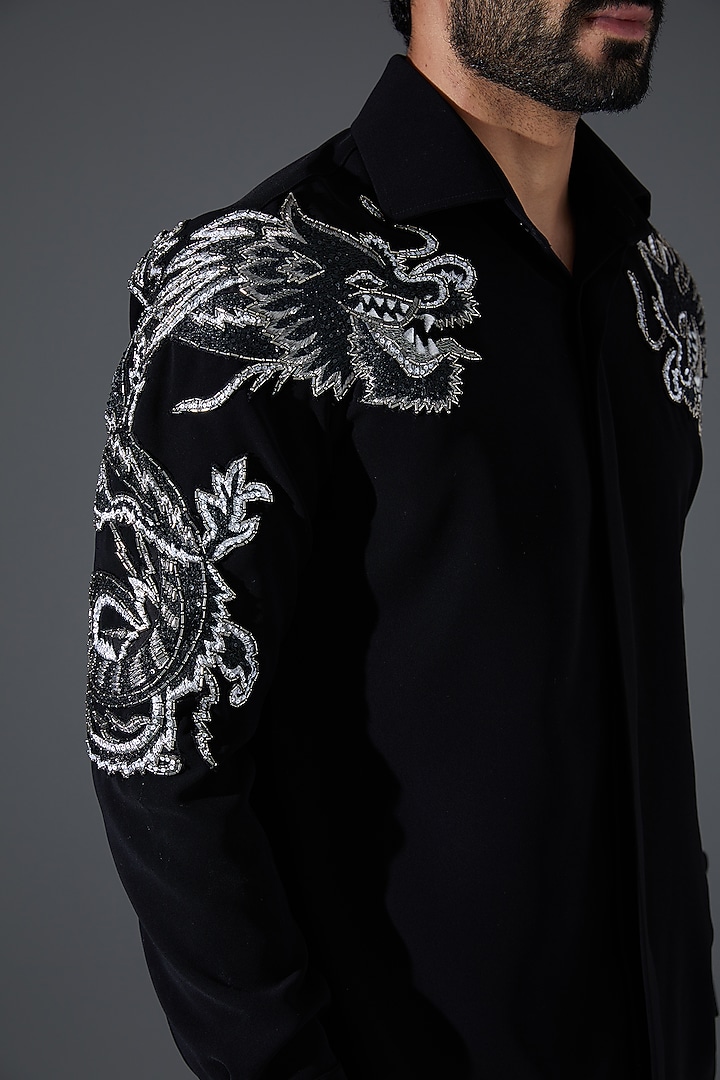 Black Japanese Silk Embroidered Wedding Shirt by Kanishk Mehta Designs at Pernia's Pop Up Shop