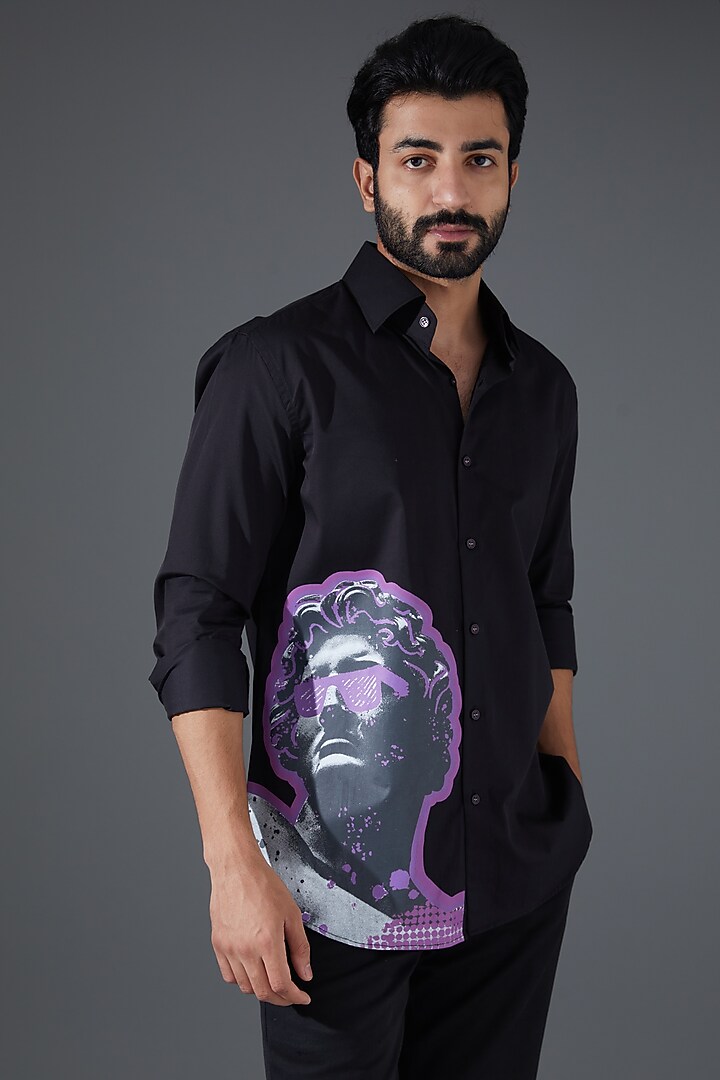 Black Giza Cotton Printed Party Wear Shirt by Kanishk Mehta Designs at Pernia's Pop Up Shop