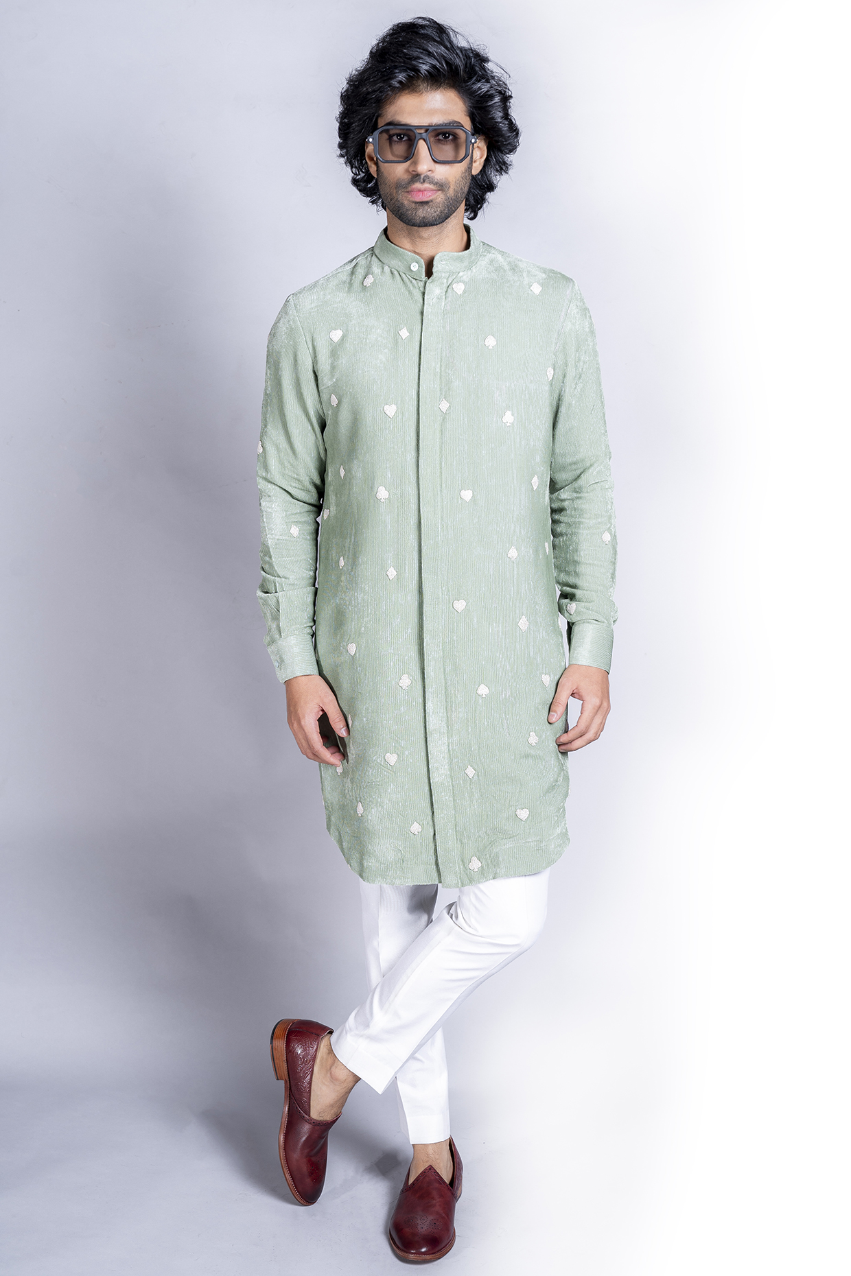 Mint Green Embroidered Kurta Set by Kanishk Mehta Designs at Pernia's Pop Up Shop