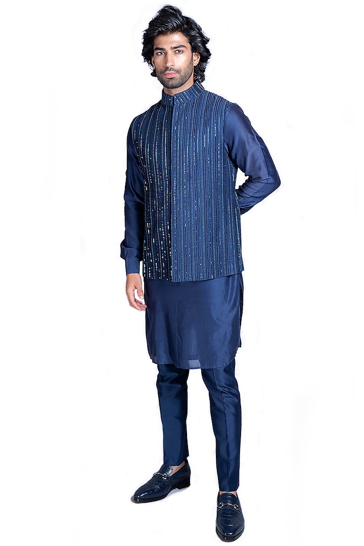 Navy Blue Chanderi Silk Kurta Set With Bundi Jacket by Kanishk Mehta Designs