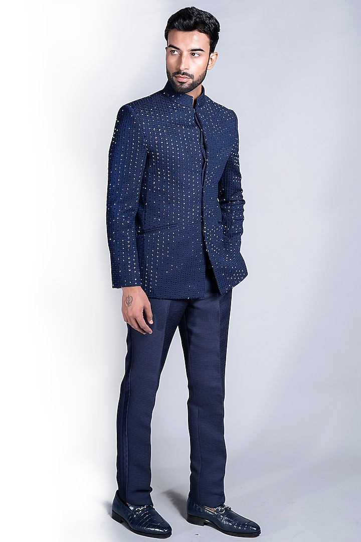 Navy Blue Italian Cotton Bandhgala Jacket Set by Kanishk Mehta Designs