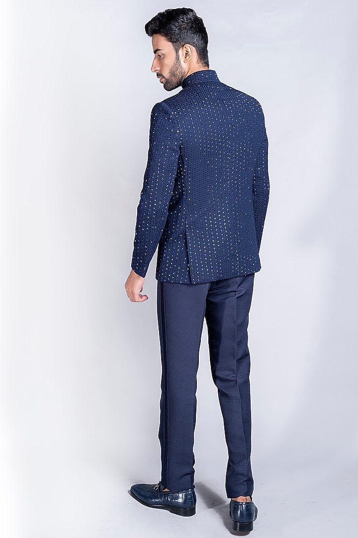 Navy Blue Italian Cotton Wedding Bandhgala Jacket Set by Kanishk Mehta Designs at Pernia's Pop Up Shop