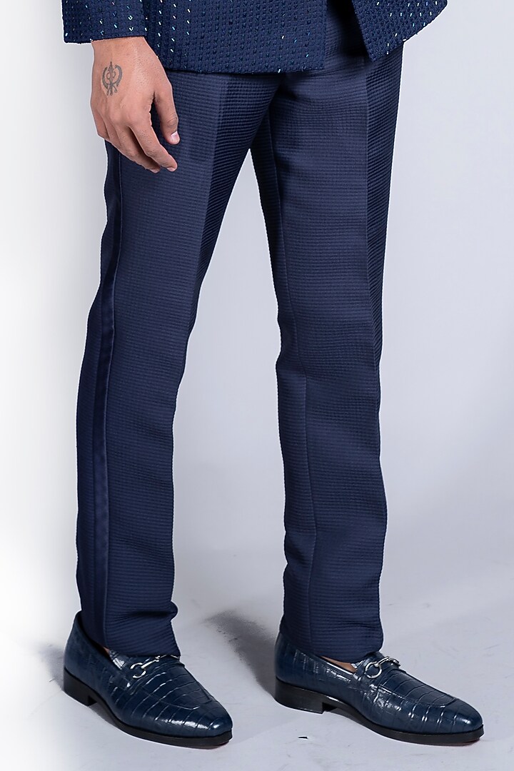 Navy Blue Italian Cotton Wedding Bandhgala Jacket Set by Kanishk Mehta Designs at Pernia's Pop Up Shop