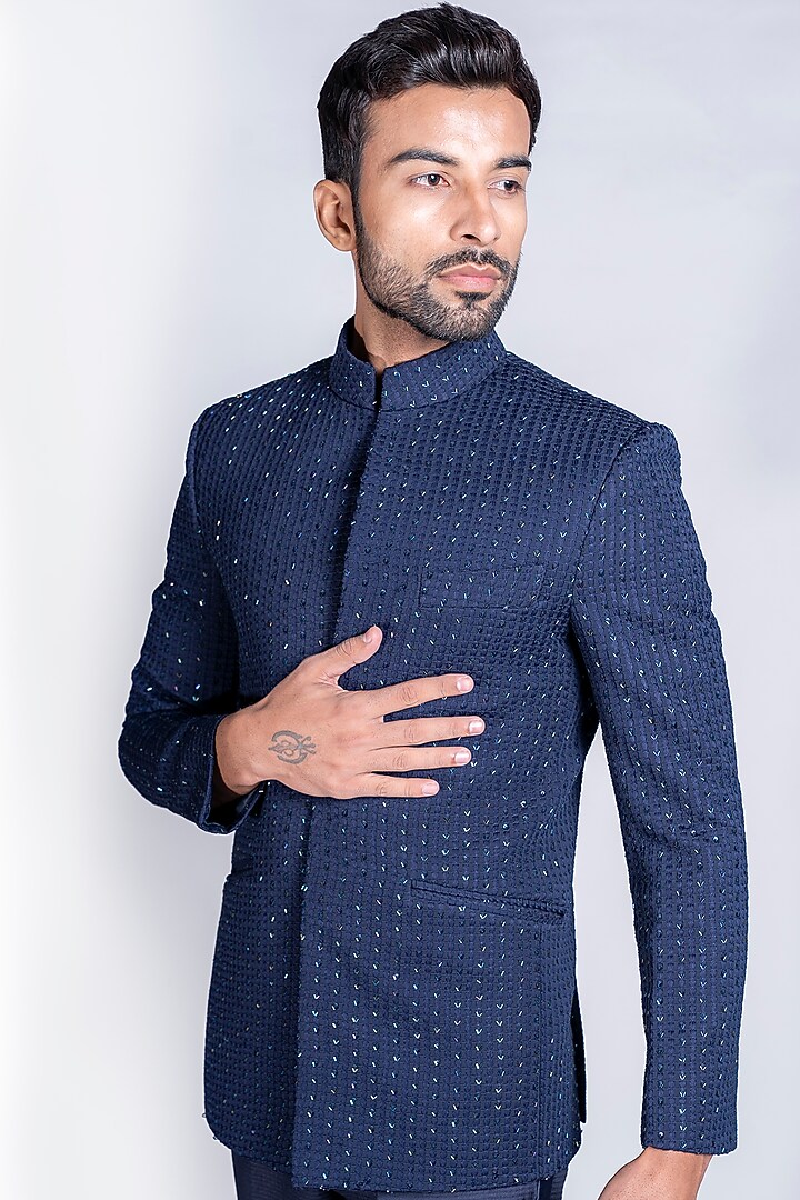 Navy Blue Italian Cotton Wedding Bandhgala Jacket Set by Kanishk Mehta Designs at Pernia's Pop Up Shop