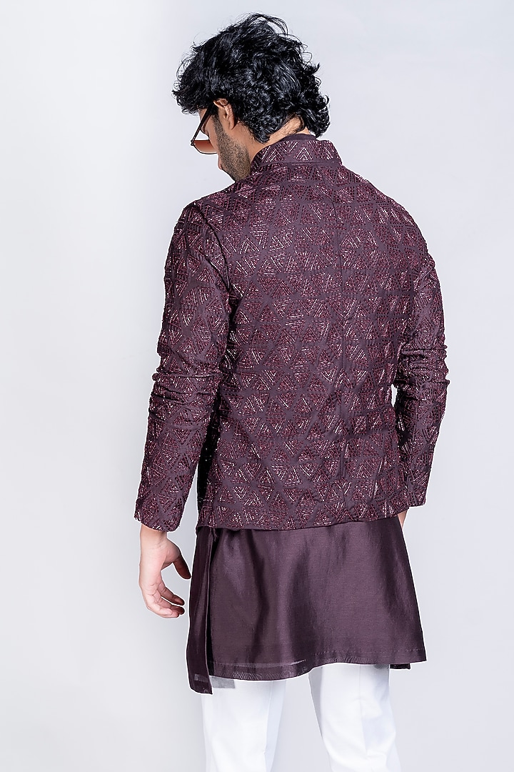Wine Embroidered Bundi Jacket by Kanishk Mehta Designs at Pernia's Pop Up Shop