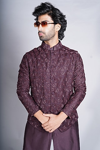 Wine Embroidered Bundi Jacket by Kanishk Mehta Designs