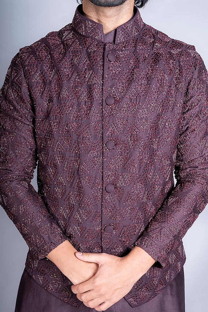 Wine Embroidered Bundi Jacket by Kanishk Mehta Designs at Pernia's Pop Up Shop