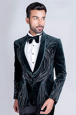 Bottle Green Italian Velvet Tuxedo Set by Kanishk Mehta Designs