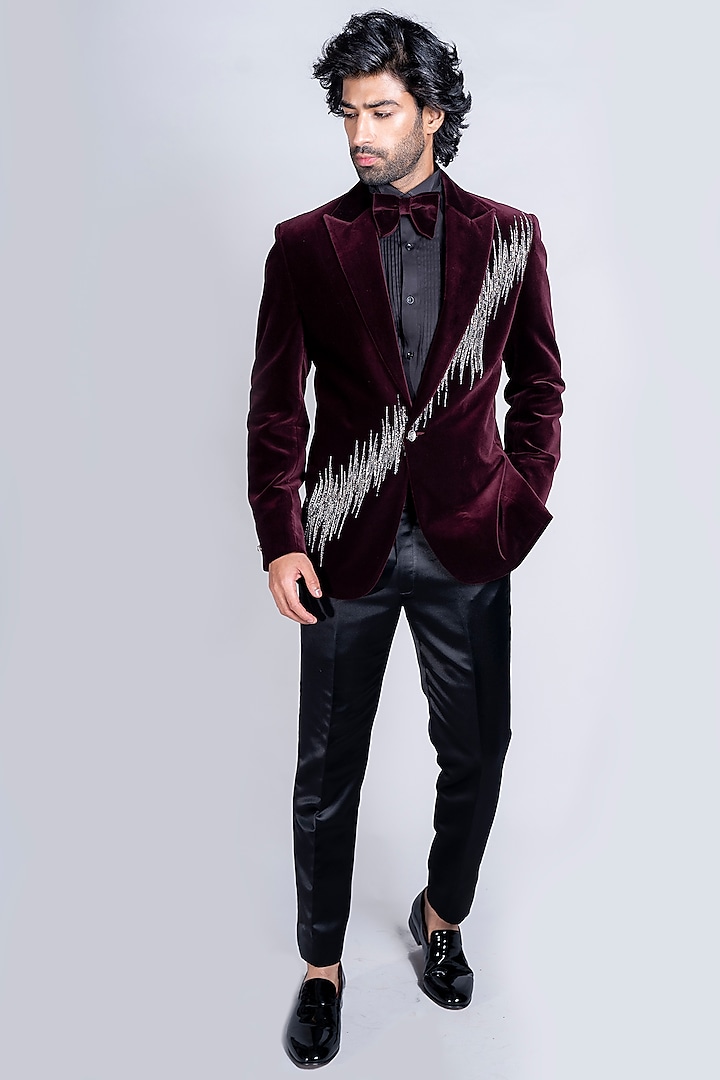Maroon Italian Velvet Tuxedo Set by Kanishk Mehta Designs