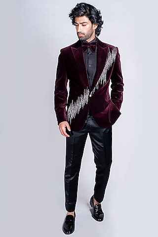 Maroon Italian Velvet Tuxedo Set by Kanishk Mehta Designs