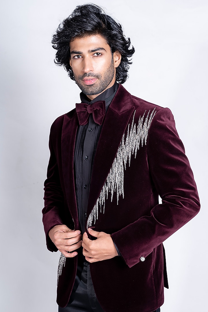 Maroon Italian Velvet Tuxedo Set by Kanishk Mehta Designs at Pernia's Pop Up Shop