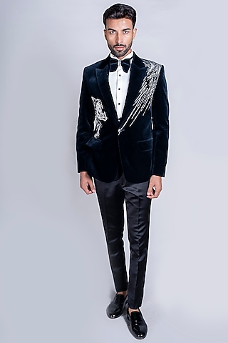 Teal Blue Italian Velvet Tuxedo Set by Kanishk Mehta Designs