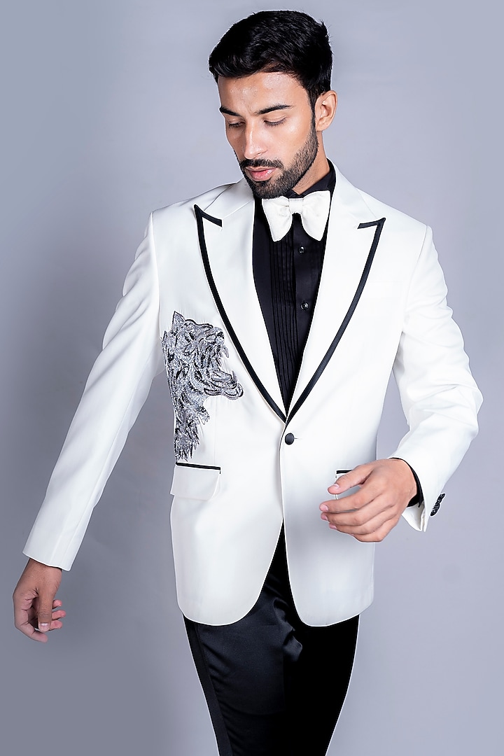 White Italian Velvet Cotton Tuxedo Set by Kanishk Mehta Designs