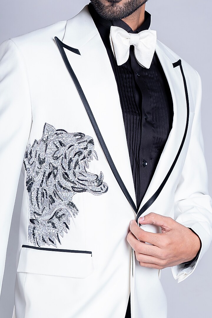 White Italian Velvet Cotton Tuxedo Set by Kanishk Mehta Designs at Pernia's Pop Up Shop