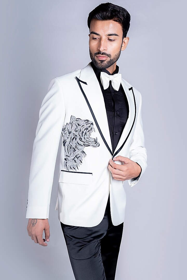 White Italian Velvet Cotton Tuxedo Set by Kanishk Mehta Designs at Pernia's Pop Up Shop