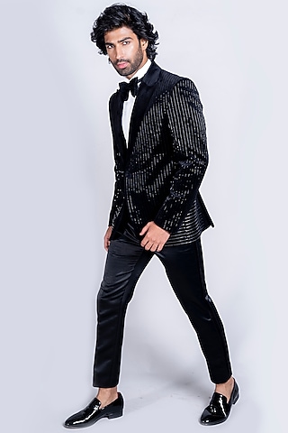Black Italian Velvet Tuxedo Set by Kanishk Mehta Designs