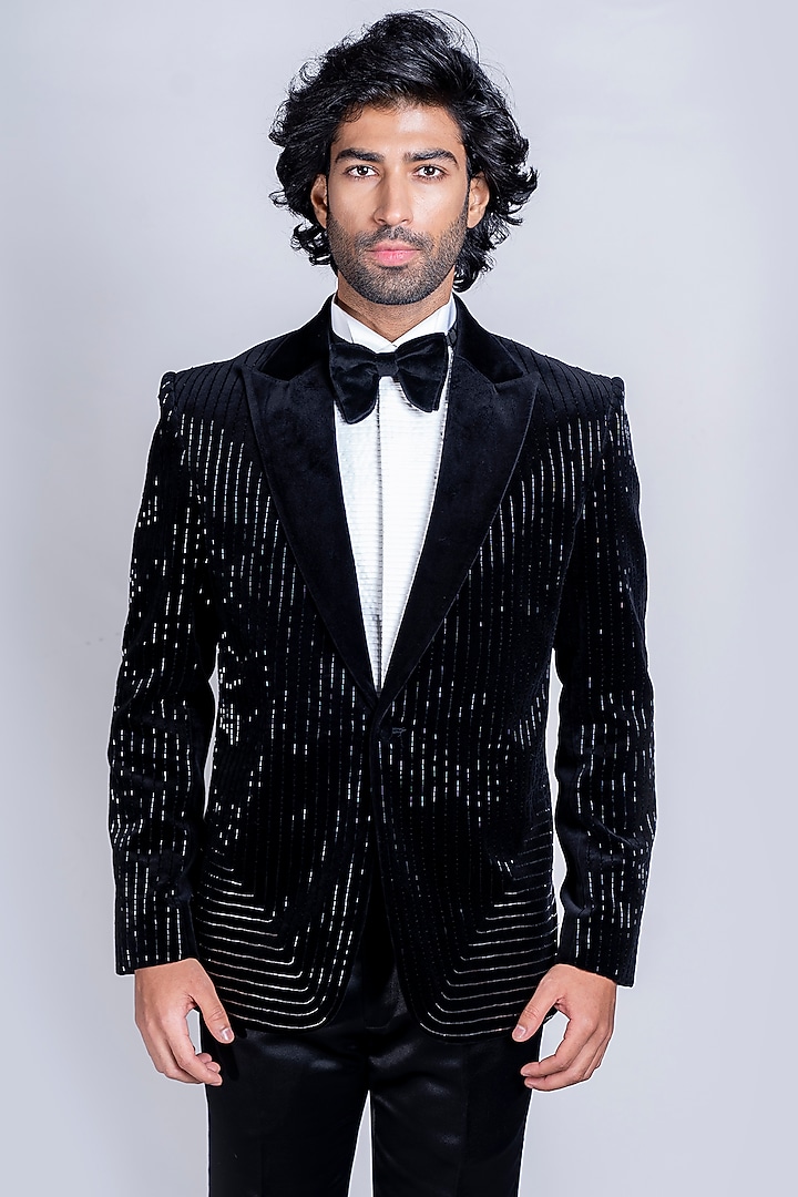 Black Italian Velvet Tuxedo Set by Kanishk Mehta Designs at Pernia's Pop Up Shop