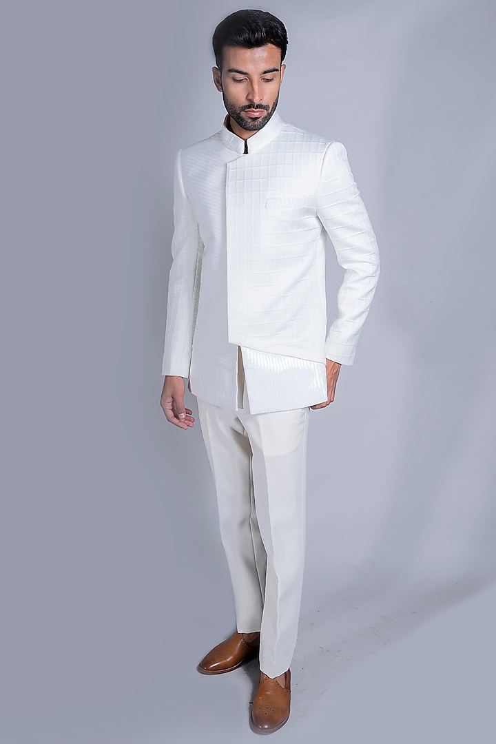 White Italian Cotton Bandhgala Set by Kanishk Mehta Designs
