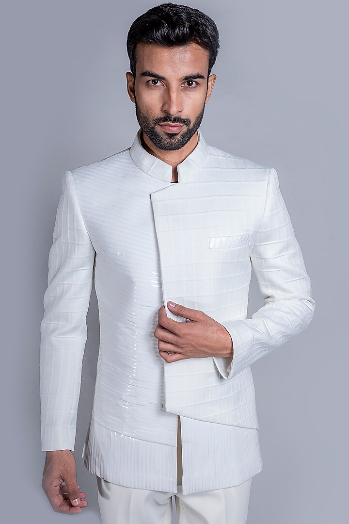 White Italian Cotton Wedding Bandhgala Set by Kanishk Mehta Designs at Pernia's Pop Up Shop