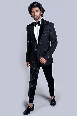 Black Italian Cotton Tuxedo Set by Kanishk Mehta Designs
