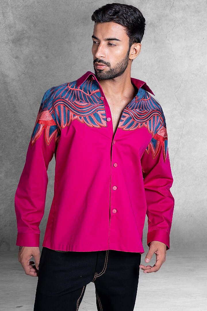 Magenta Pink Embroidered Shirt by Kanishk Mehta Designs