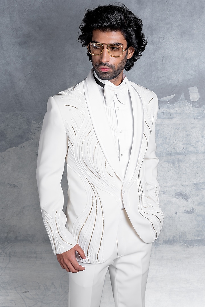 Off-White Italian Cotton Tuxedo Set by Kanishk Mehta Designs