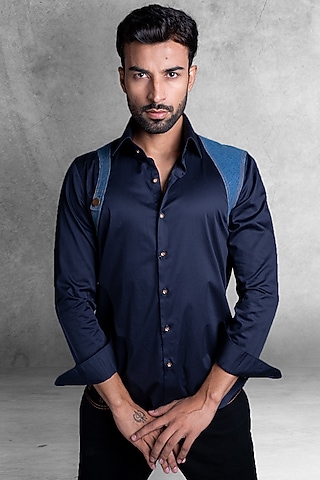 Navy Blue Cotton Shirt by Kanishk Mehta Designs