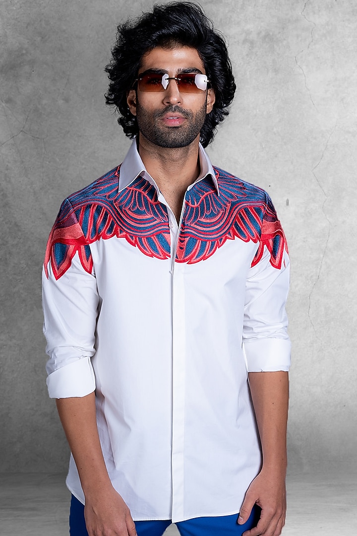 White Cotton Embroidered Shirt by Kanishk Mehta Designs