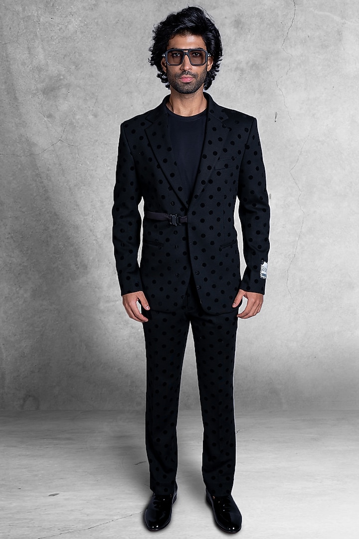 Black Velvet Polka Dots Suit Set by Kanishk Mehta Designs