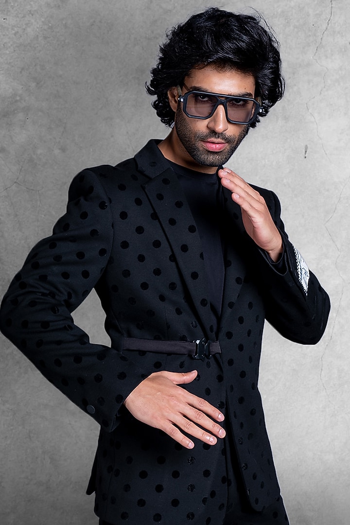 Black Velvet Polka Dots Suit Set by Kanishk Mehta Designs at Pernia's Pop Up Shop