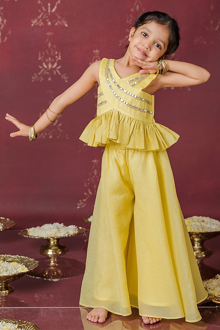 Yellow Wrinkled Silk Mirror Lace Work Co-Ord Set For Girls by Label Kansha at Pernia's Pop Up Shop
