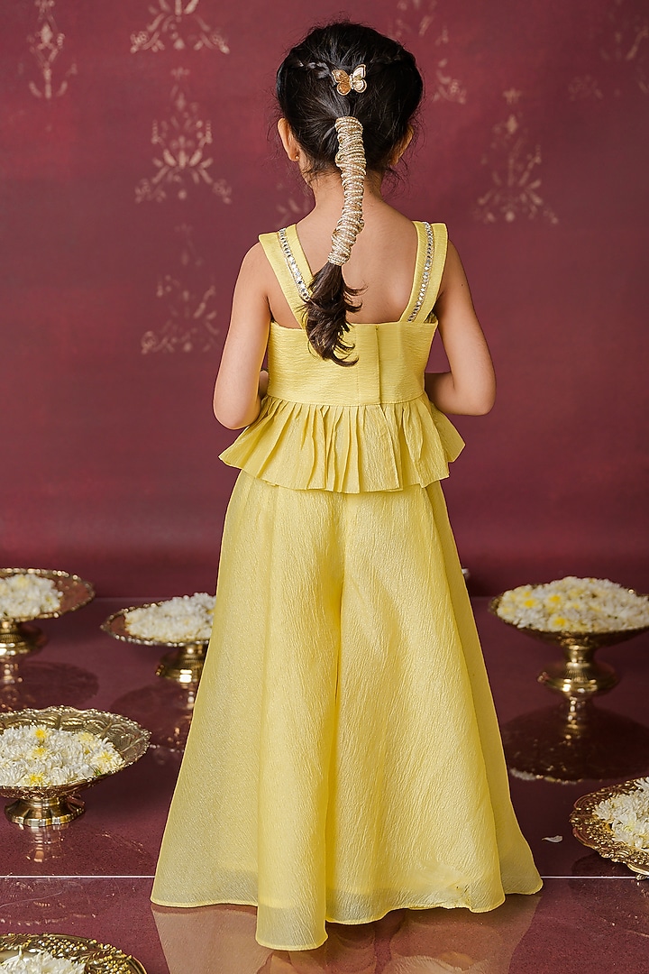 Yellow Wrinkled Silk Mirror Lace Work Co-Ord Set For Girls by Label Kansha at Pernia's Pop Up Shop