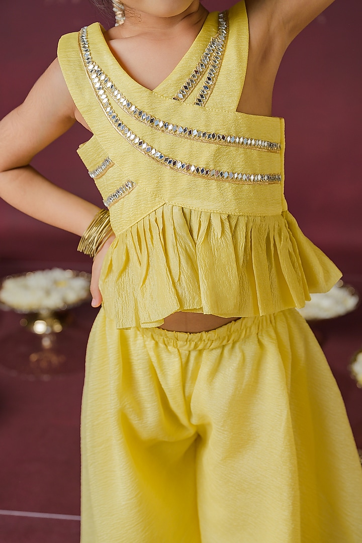 Yellow Wrinkled Silk Mirror Lace Work Co-Ord Set For Girls by Label Kansha at Pernia's Pop Up Shop