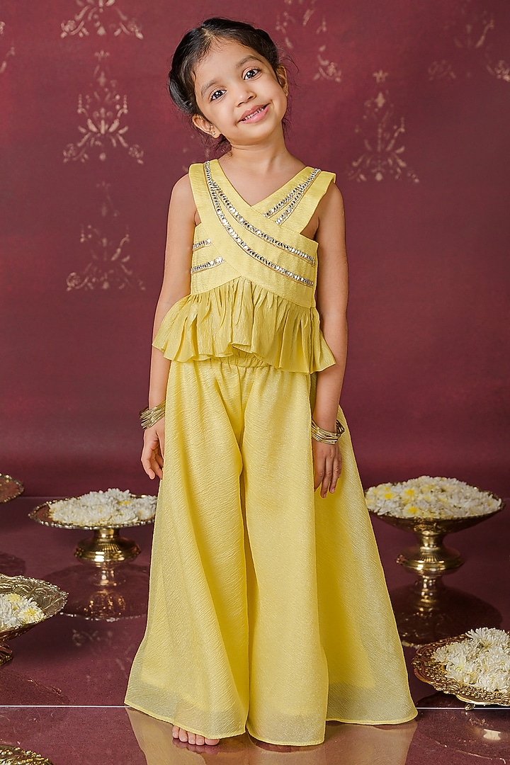Yellow Wrinkled Silk Mirror Lace Work Co-Ord Set For Girls by Label Kansha at Pernia's Pop Up Shop