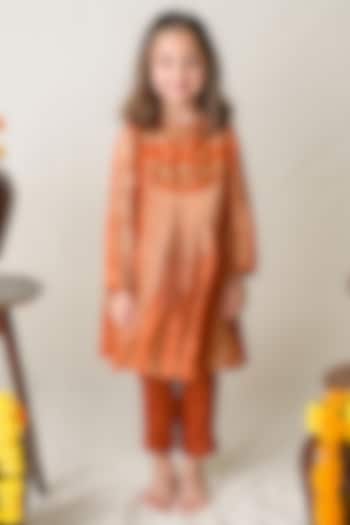 Rust Orange Tissue Silk Beads Embellished Kurta Set For Girls by Label Kansha at Pernia's Pop Up Shop