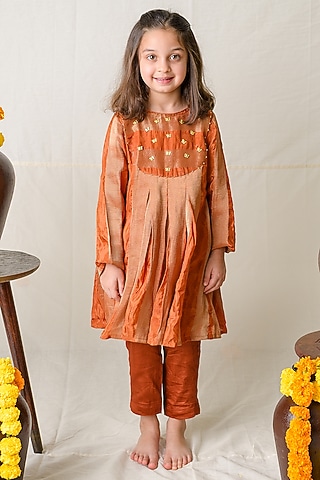 Rust Orange Tissue Silk Beads Embellished Kurta Set For Girls by Label Kansha
