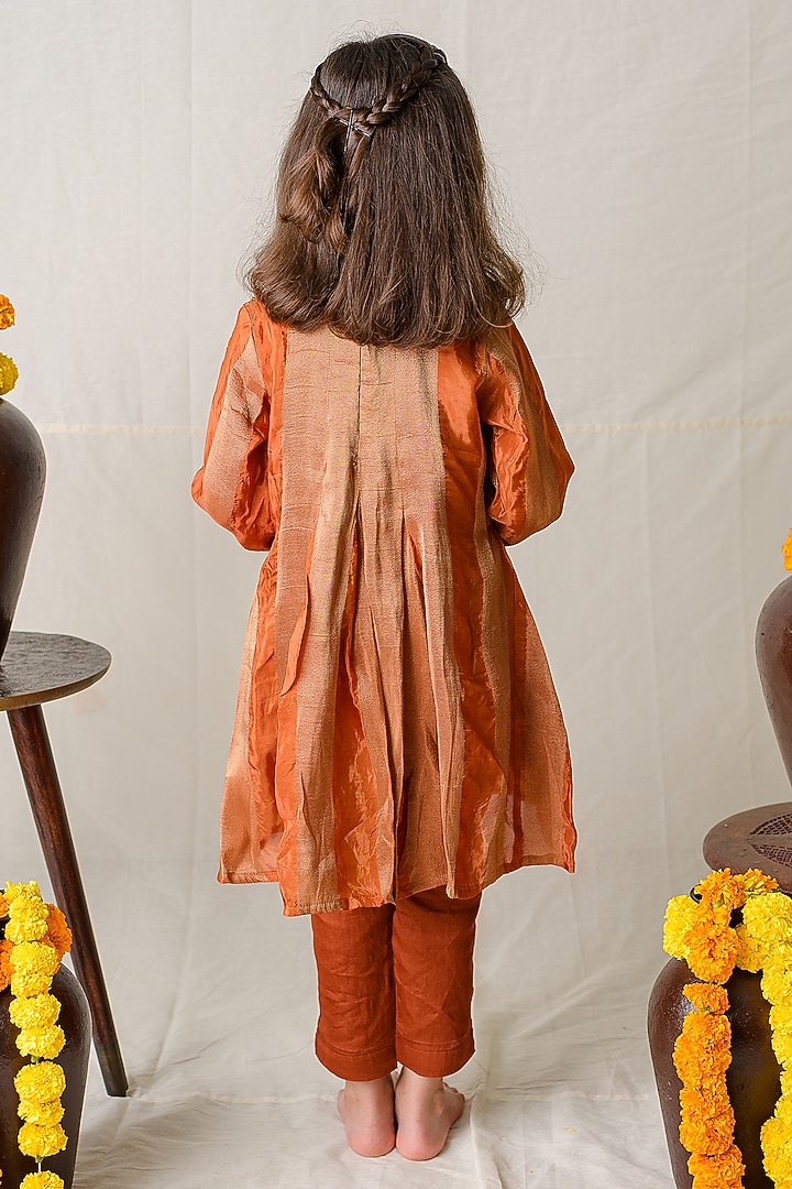 Rust Orange Tissue Silk Beads Embellished Kurta Set For Girls by Label Kansha at Pernia's Pop Up Shop