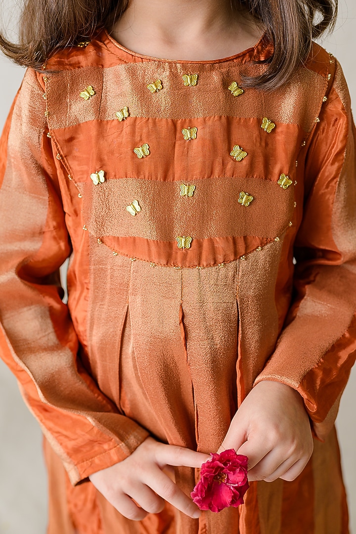 Rust Orange Tissue Silk Beads Embellished Kurta Set For Girls by Label Kansha at Pernia's Pop Up Shop