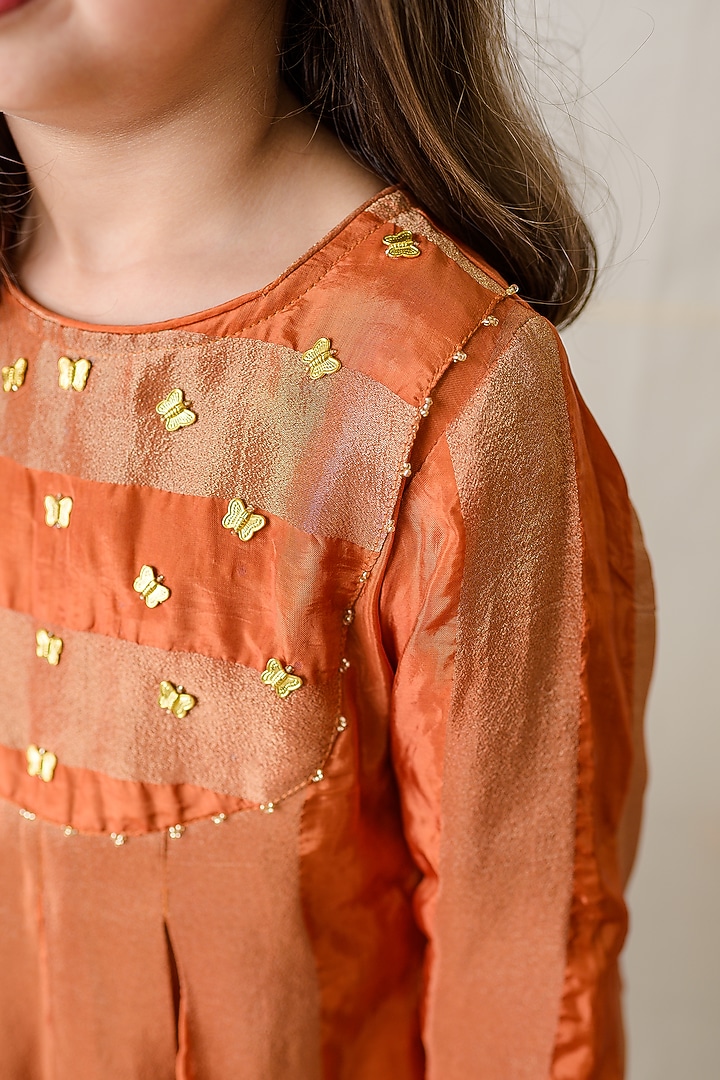 Rust Orange Tissue Silk Beads Embellished Kurta Set For Girls by Label Kansha at Pernia's Pop Up Shop