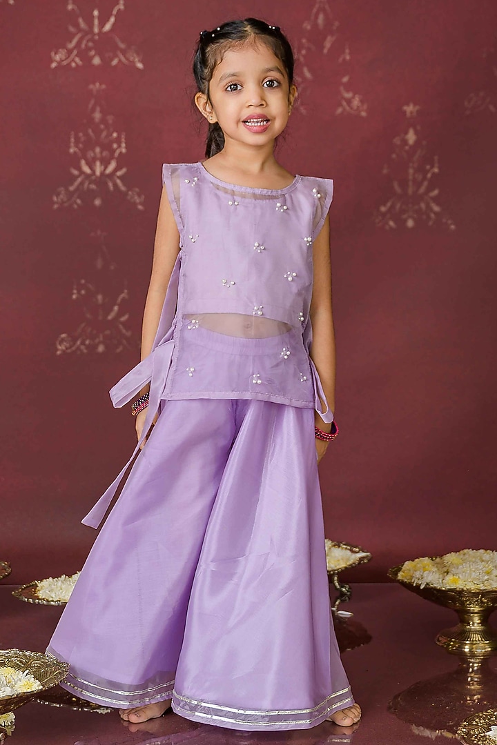 Lilac Modal Satin Pearl Beads Embellished Kurta Set For Girls by Label Kansha at Pernia's Pop Up Shop