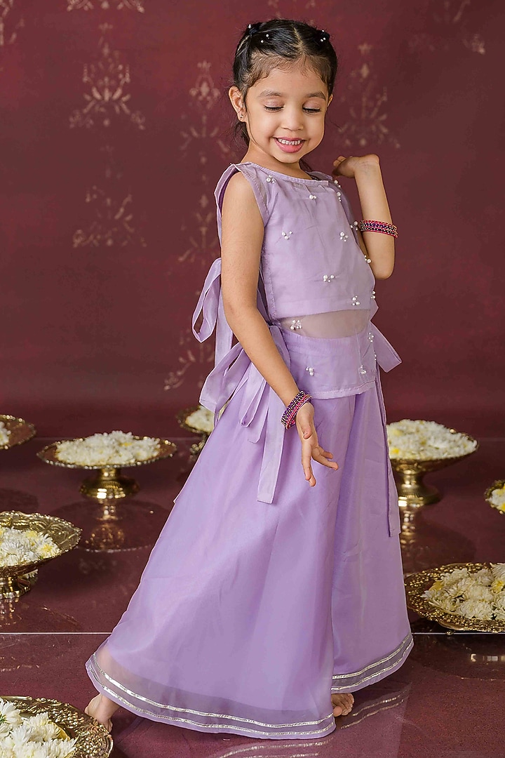 Lilac Modal Satin Pearl Beads Embellished Kurta Set For Girls by Label Kansha at Pernia's Pop Up Shop
