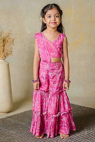 Pink Georgette Printed Co-Ord Set For Girls by Label Kansha