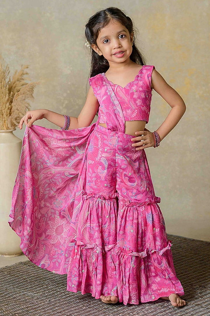 Pink Georgette Printed Co-Ord Set For Girls by Label Kansha at Pernia's Pop Up Shop